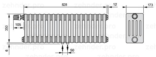Схема (чертеж) Радиатор Zehnder Charleston 5035/18 №V007 Белый глянцевый RAL 9016
